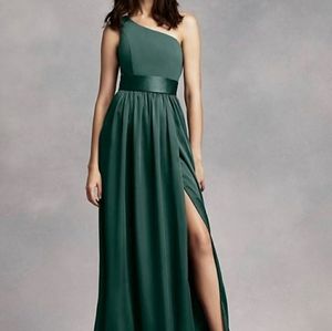 Vera Wang White Label Forest Green One Shoulder Gown with Slit Satin Sash  8 New